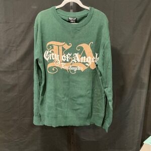 WXYZW Los Angeles City of Angels Sweater XL Evergreen Graphic Knit Crewneck NEW